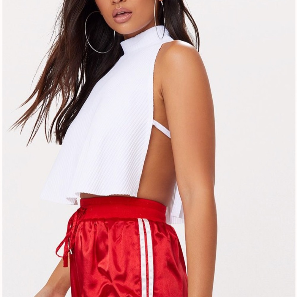 White High Neck Rib Side Split Crop